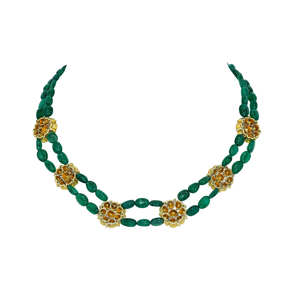 Double-Strand Emerald Bead Necklace with Polki Clusters